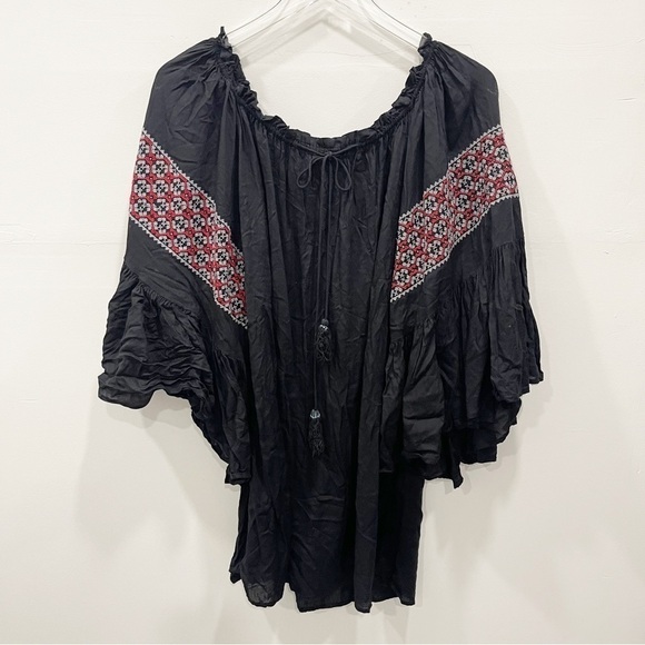 Elan Ruffle Sleeve Tassel Drawstring Swim Coverup Dress Black One Size - Picture 1 of 7
